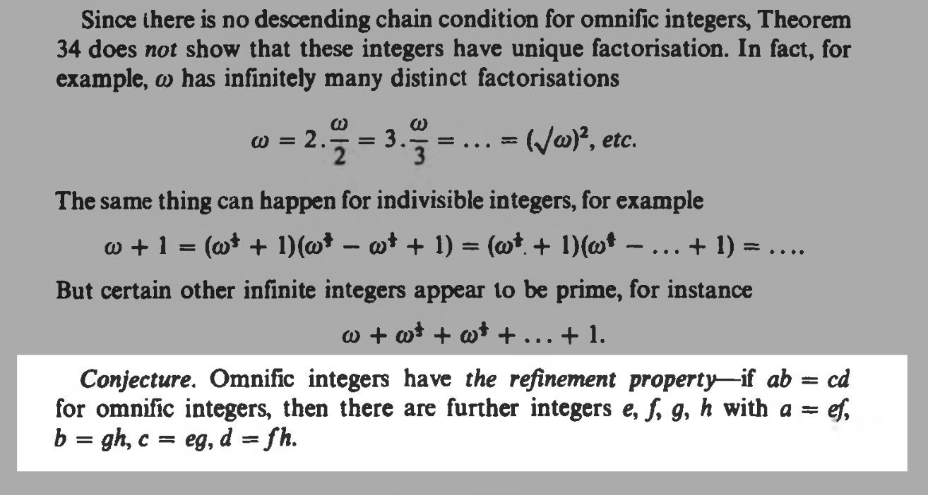 猜想:omnific 整数具有细化性质:若 omnific 整数满足 ab = cd,则存在整数 e、f、g、h,使得 a = ef、b = gh、c = eg、d = fh。