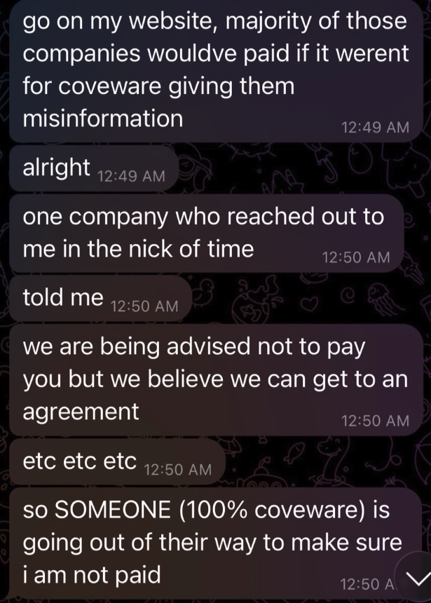 ShinyHunters 运营者发来的更多 Telegram 消息，指责 Coveware 建议公司不要付款。