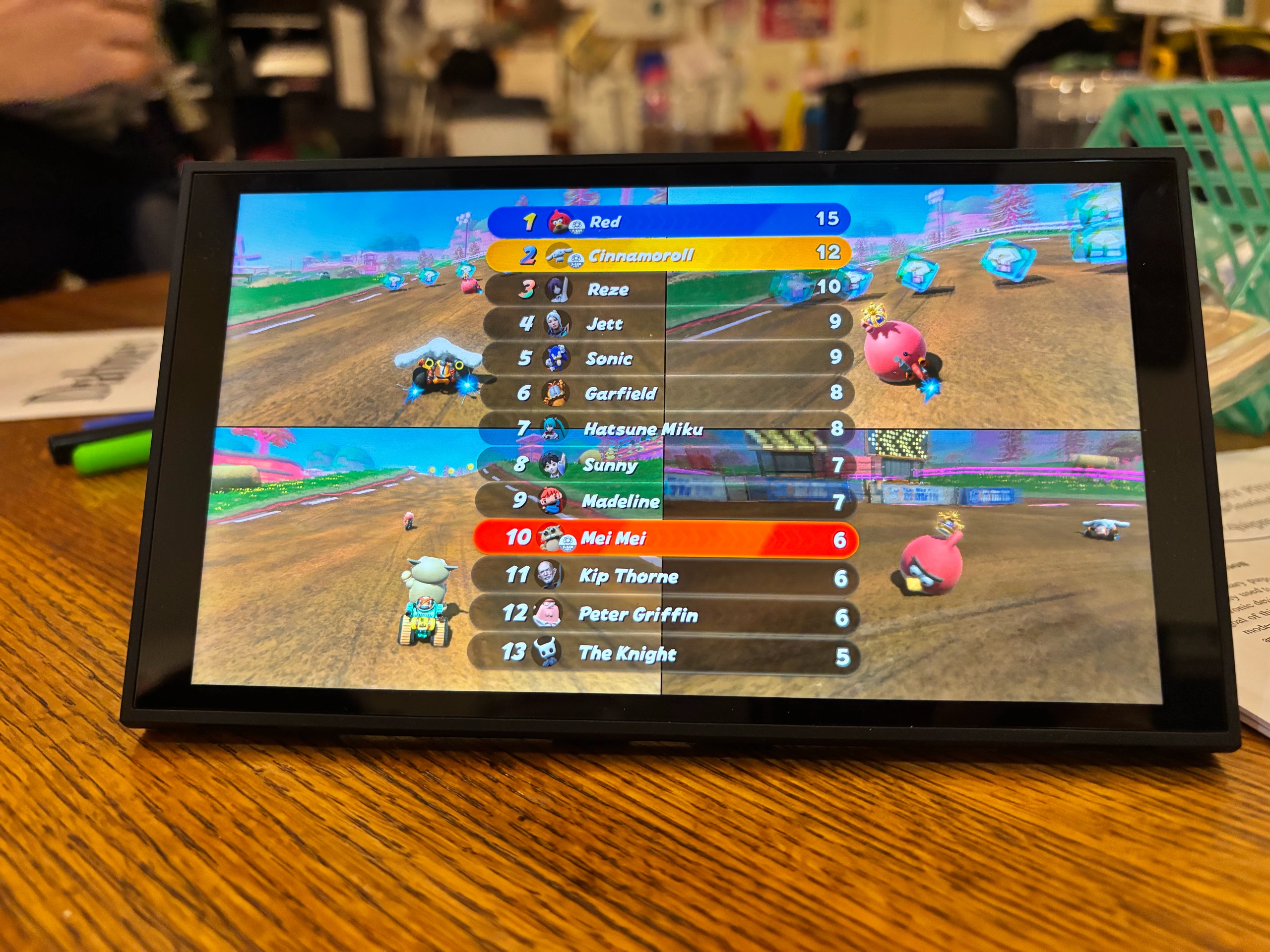 Mario Kart World 的结算画面，名单里有 Red、Cinnamoroll、Reze 等自定义角色