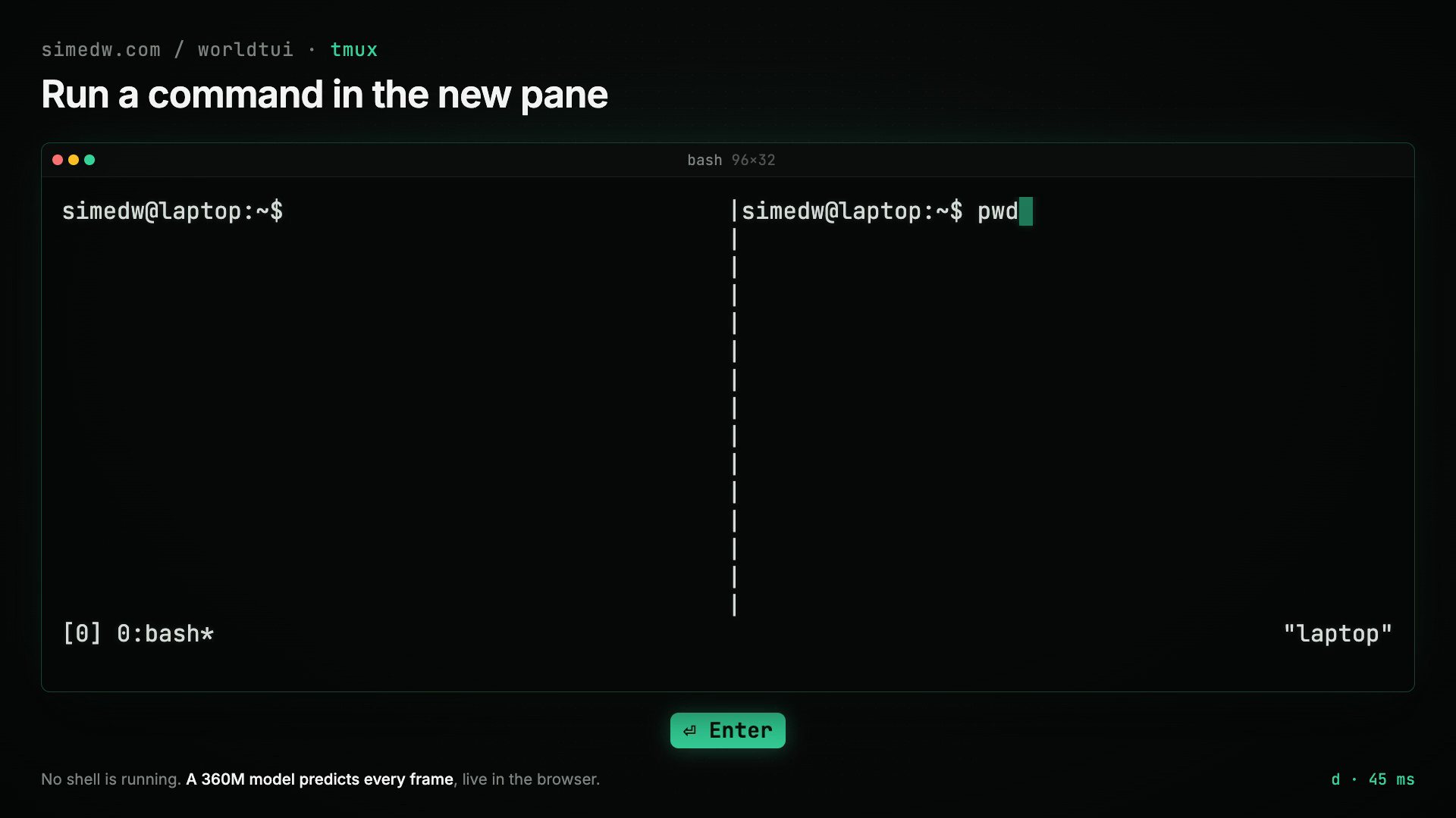 终端内有两个 tmux 窗格，右侧窗格在 bash 提示符下运行 pwd。