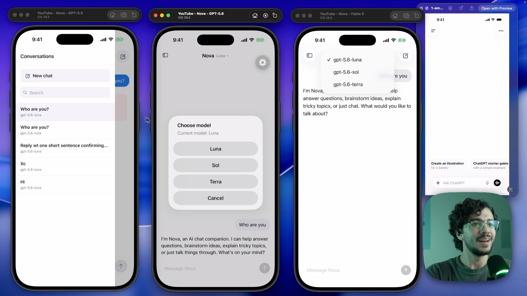 三个 AI 模型用 Expo 做的 ChatGPT 克隆；Fable 5 的版本用了原生 iOS 侧边栏和顶栏按钮