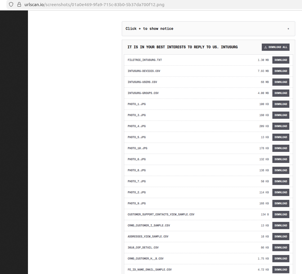 urlscan.io 对 Shinywire 泄露网站的捕获，列出了被盗的 INTUSURG 文件及其大小，每个文件都有一个下载按钮。