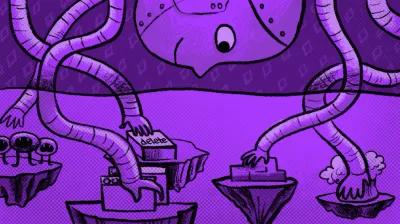 插画：一个机器人把手臂伸进另一个密封的箱子里干活，箱体与本体分隔开