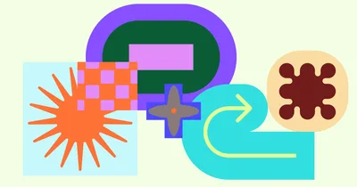 题图：米色底上的彩色几何插画，橙色放射星形、橙紫相间的棋盘格方块、深红褐色的大脑状色块，以及紫色的圆弧与青色箭头彼此叠压