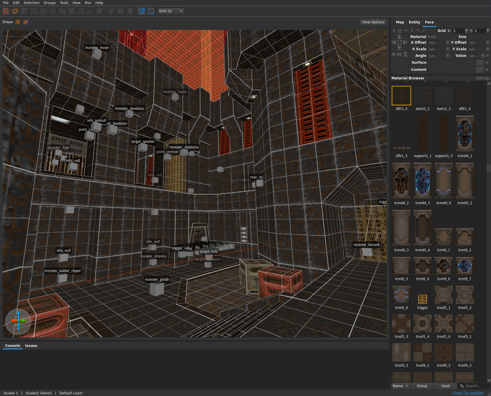 TrenchBroom 里正在编辑的 Quake 2 地图 Neuron Uplink,画面里满是实体标签和右侧的材质浏览器