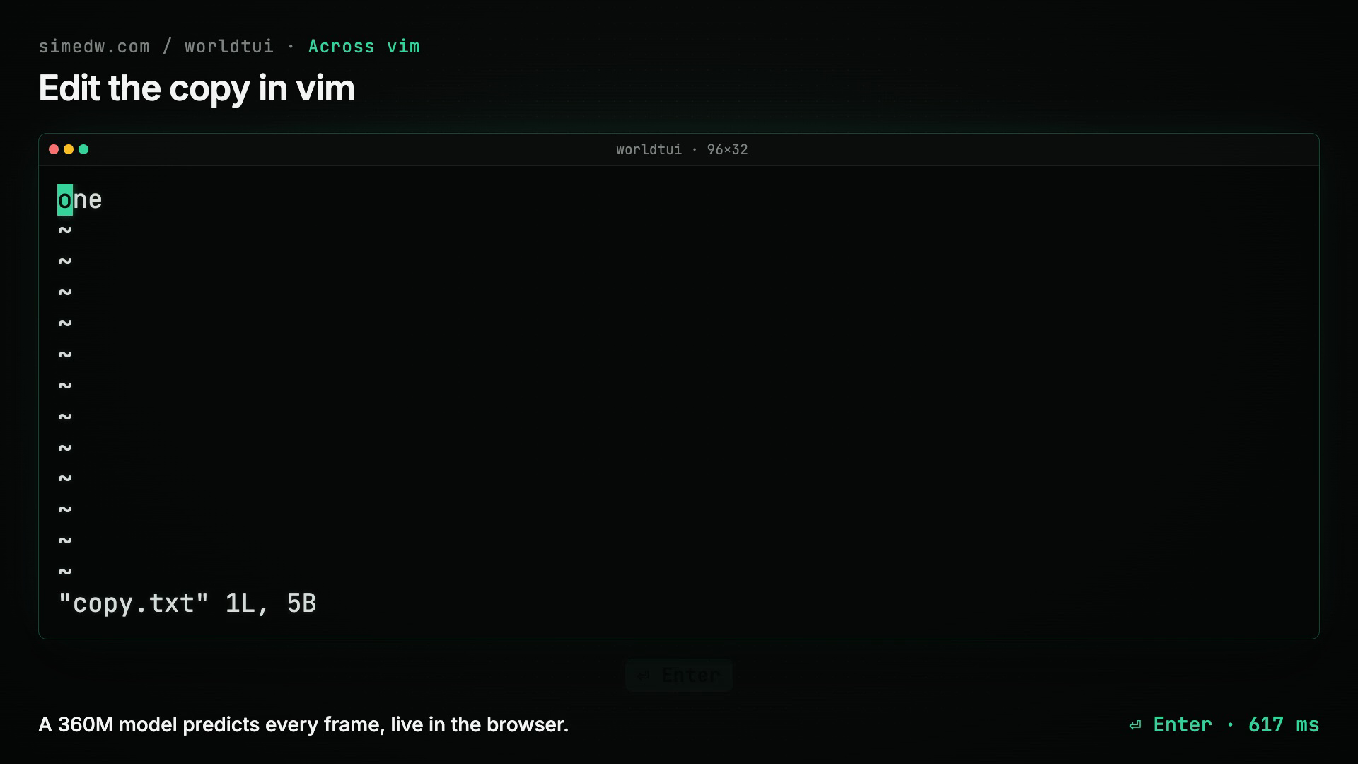 模型的 vim 在 copy.txt 上打开，第一行显示“one”，光标位于 o 上，状态行显示“copy.txt” 1L, 5B。